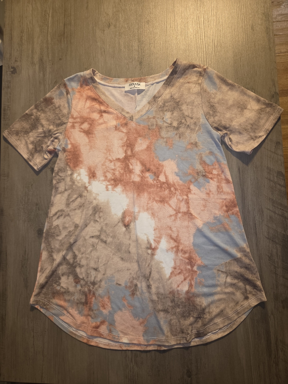 Zenana Outfitters Tie-Dye V-Neck Short Sleeve Tee - Coral, Light Blue & Taupe